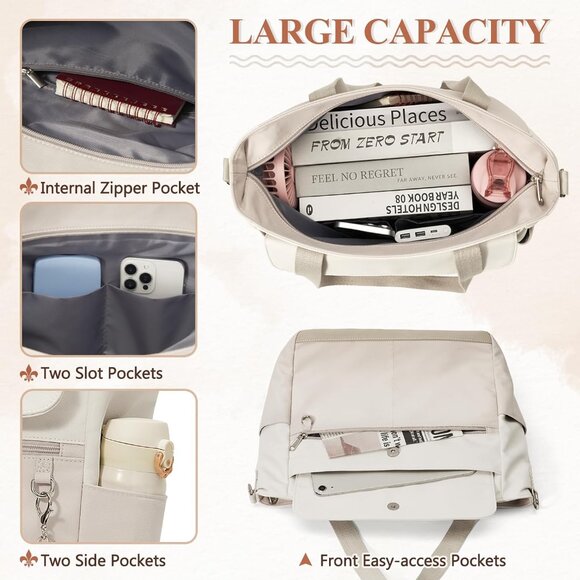 Women Gray With White Multi-Pocket Waterproof Canvas Tote Bags with Zipper - Picture 3 of 6